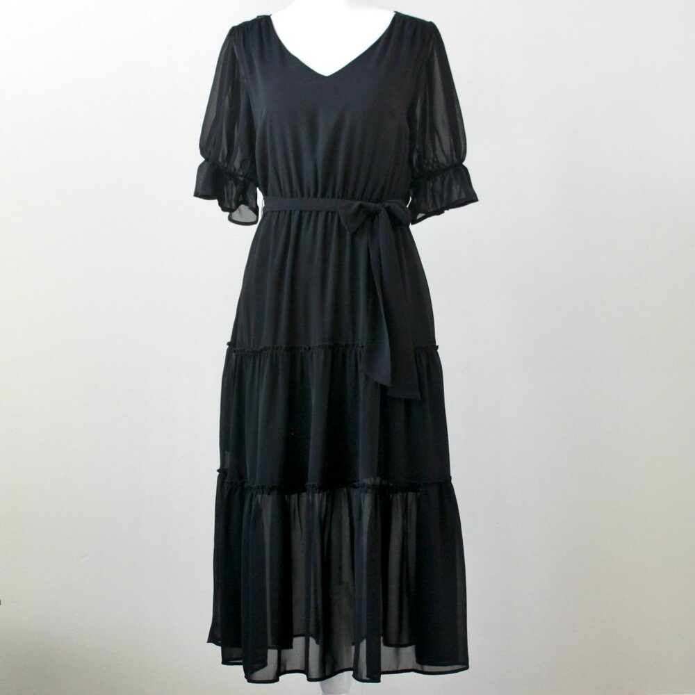 Versona Black Sheer Tiered Puff Short-Sleeve V-Neck Bow Midi Dress Extra Small
